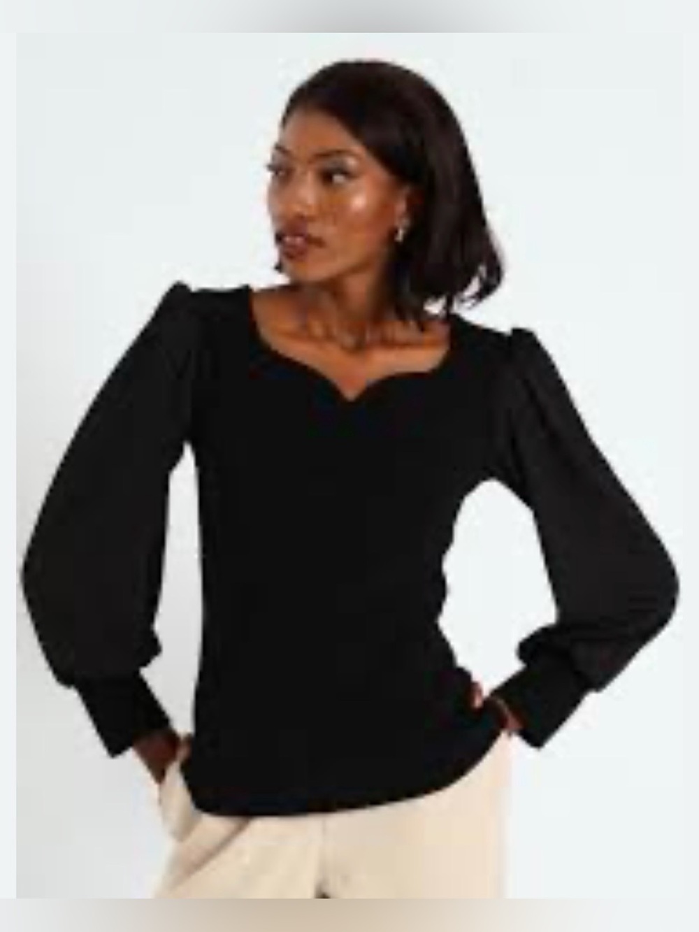 Halogen Mixed Media Puffâ Sleeve Ribbed Sweater Top Black S